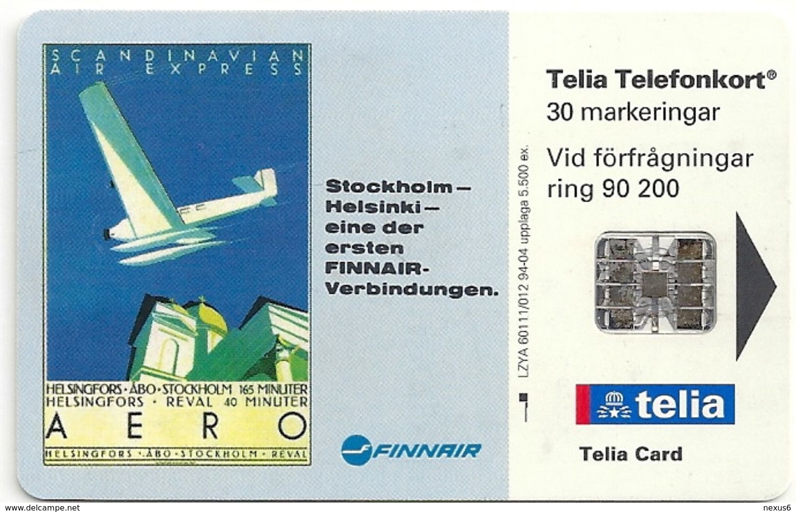 Sweden - Telia - Finnair - 04.1994, 30U, 5.500ex, Used - Schweden