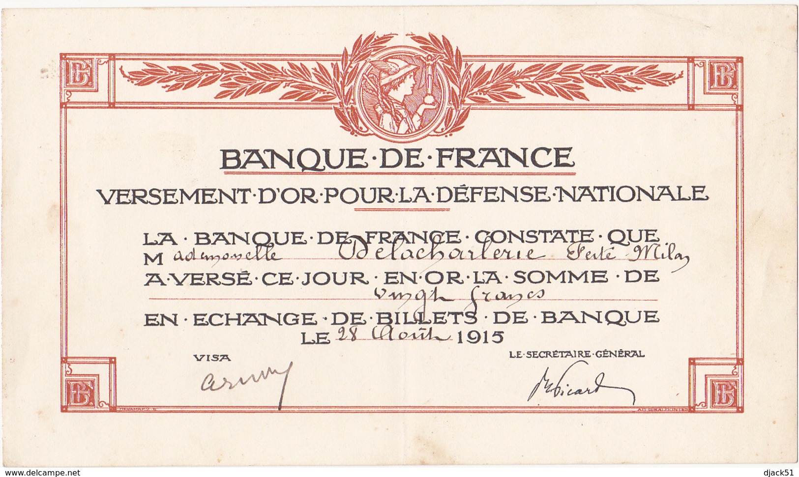 BANQUE DE FRANCE Versement D'Or Pour La Défense Nationale / 1915 - Banque & Assurance