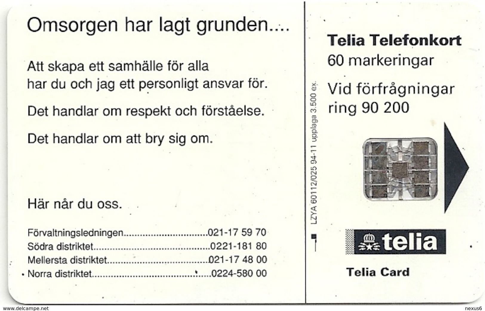 Sweden - Telia - Omsorgen Västmanland - 11.1994, 60U, 3.500ex, Used - Schweden