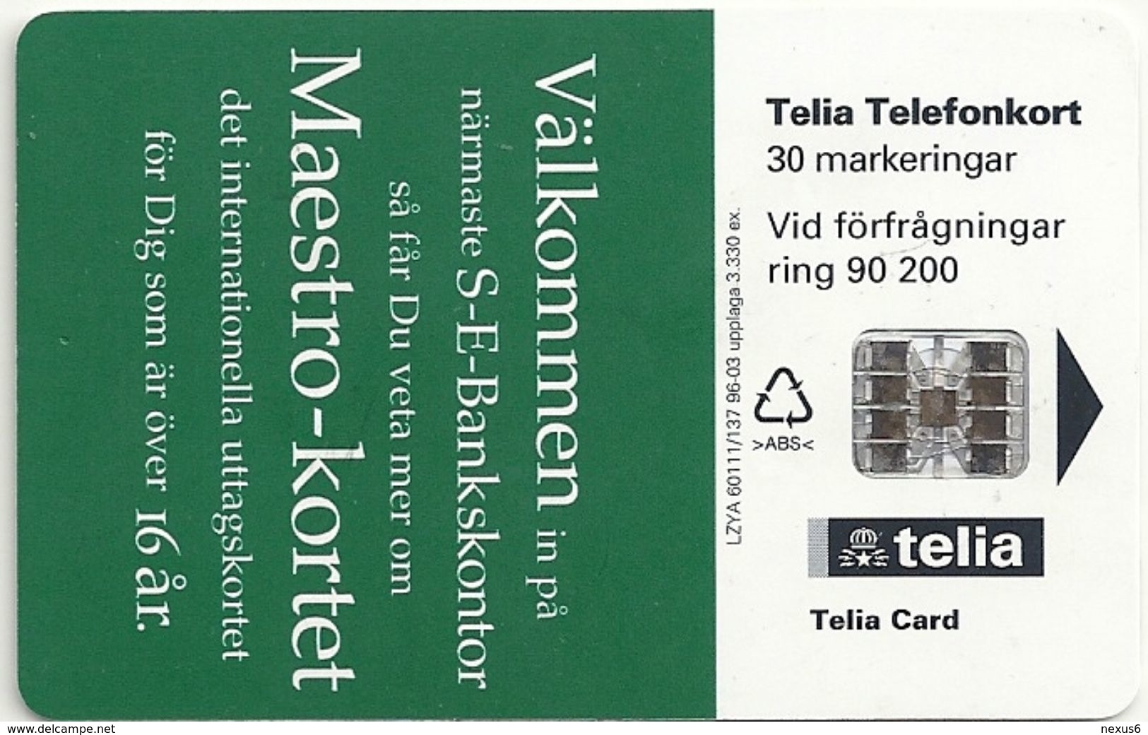 Sweden - Telia - SEBanken Online #2 - 03.1996, 30U, 3.330ex, Used - Schweden