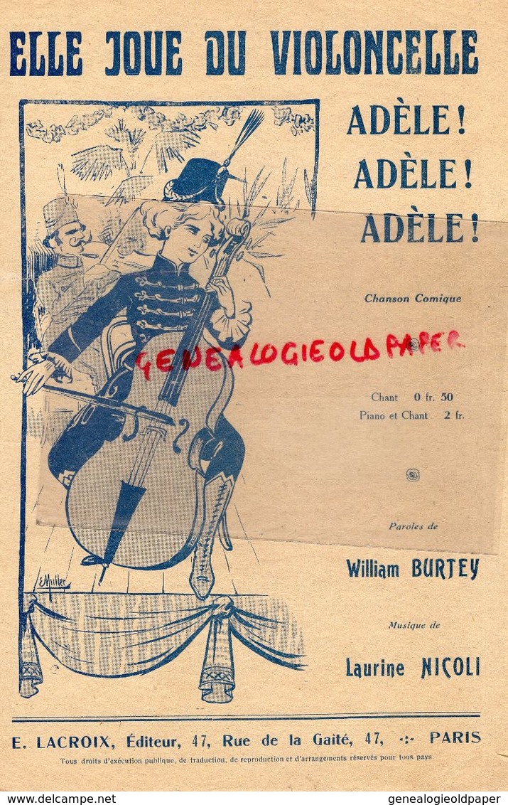 PARTITION MUSIQUE- ELLE JOUE DU VIOLONCELLE- ADELE ! ADELE ! WILLIAM BURTEY-LAURINE NICOLI-EDITEUR LACROIX PARIS - Partitions Musicales Anciennes