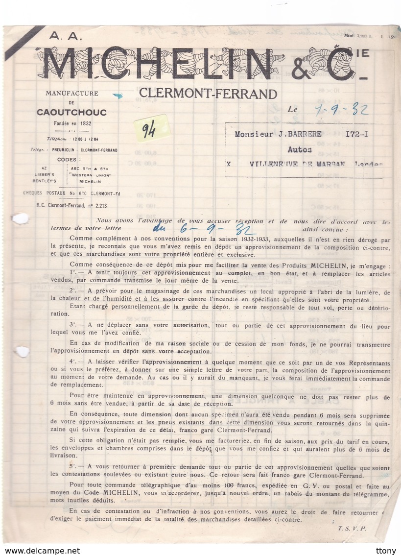 Un  Document :     Michelin  & Cie    Clermont - Ferrand     Année 1932 - 1900 – 1949