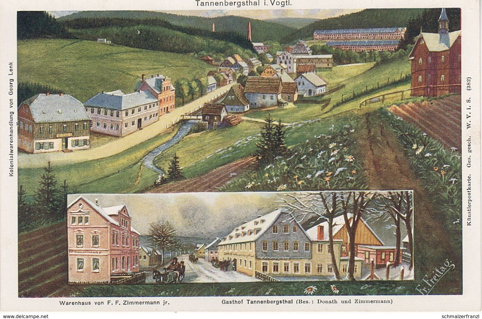 Litho AK Tannenbergsthal Vogtland Gasthof Warenhaus Zimmermann Muldenhammer Grünbach Gottesberg Rautenkranz Klingenthal - Schoenheide