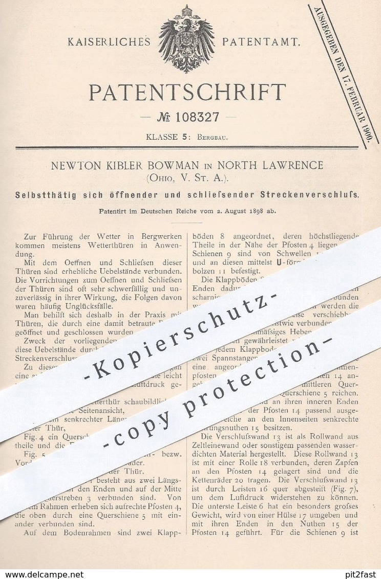 Original Patent - Newton Kibler Bowman , North Lawrence , Ohio USA , 1898 , Streckenverschluss | Bergbau , Bergwerk !! - Historische Dokumente