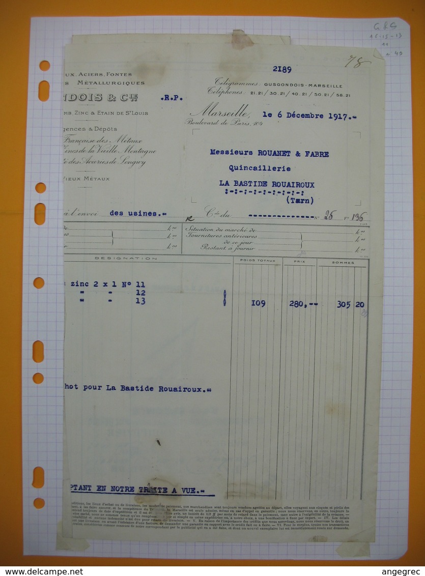 Document  Fiscaux Perforé Perfin  G&C 49   -  1917  Gondois & Cie - Autres & Non Classés