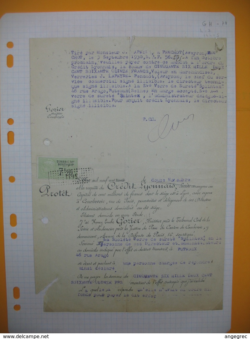 Document  Fiscaux Perforé Perfin  GH 74   -  1930 - Other & Unclassified