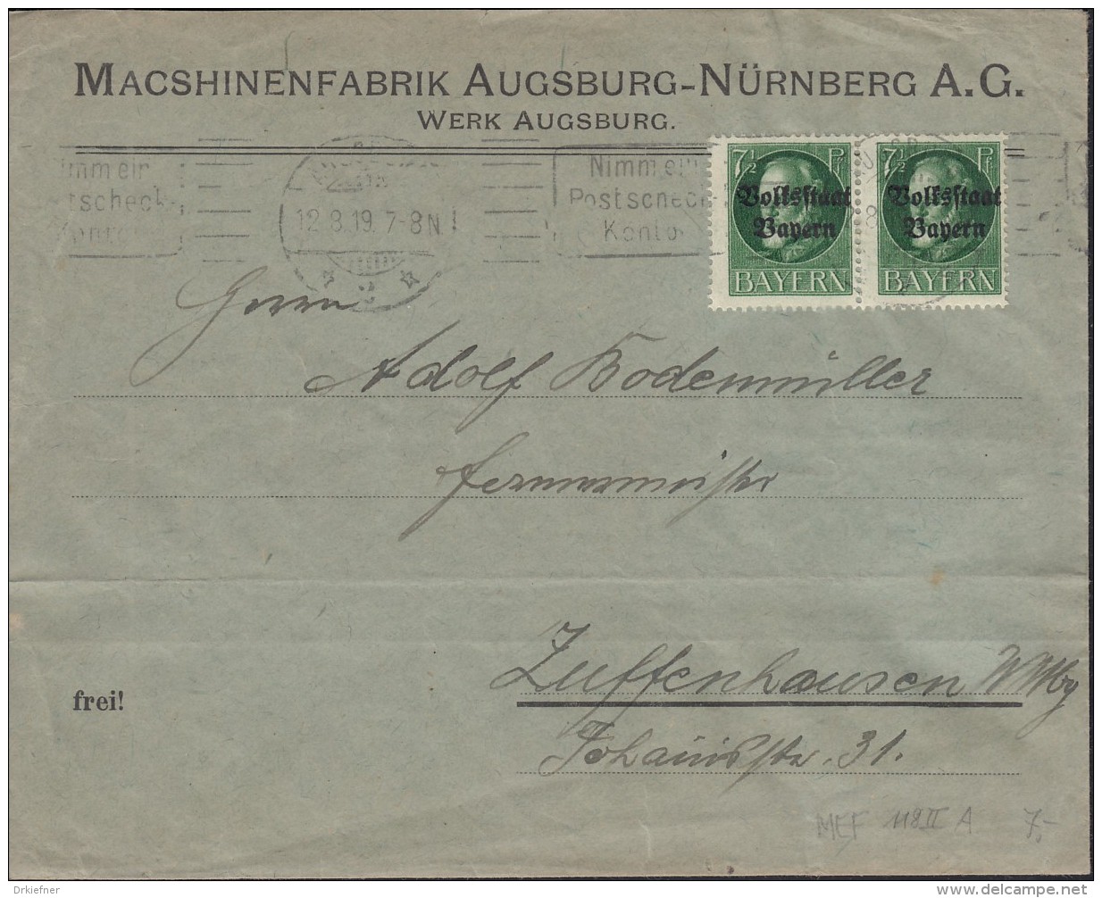 BAYERN 118 II A MeF, Auf Brief Mit Gelegenheitsstempel (Filbrandt 2.1 Ax): Augsburg 12.8.1919 - Sonstige & Ohne Zuordnung