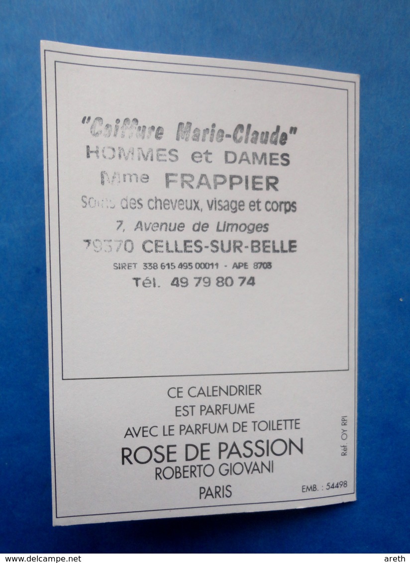 PETIT CALENDRIER 1990 -  ROSE DE  PASSION GIOVANI -  Coiffure Marie Claude 79730 Celles Sur Belle - Petit Format : 1981-90