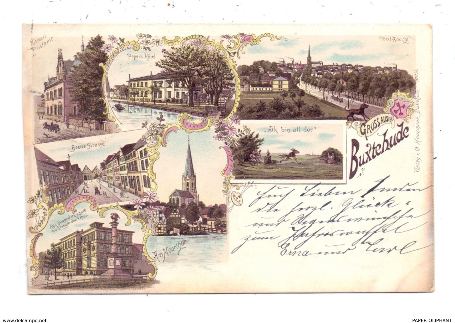 2150 BUXTEHUDE, Lithographie, 1898, Hase & Igel, Peper's Hotel, Breite Strasse, Baugewerkschule, Moorthor, Panorama - Buxtehude