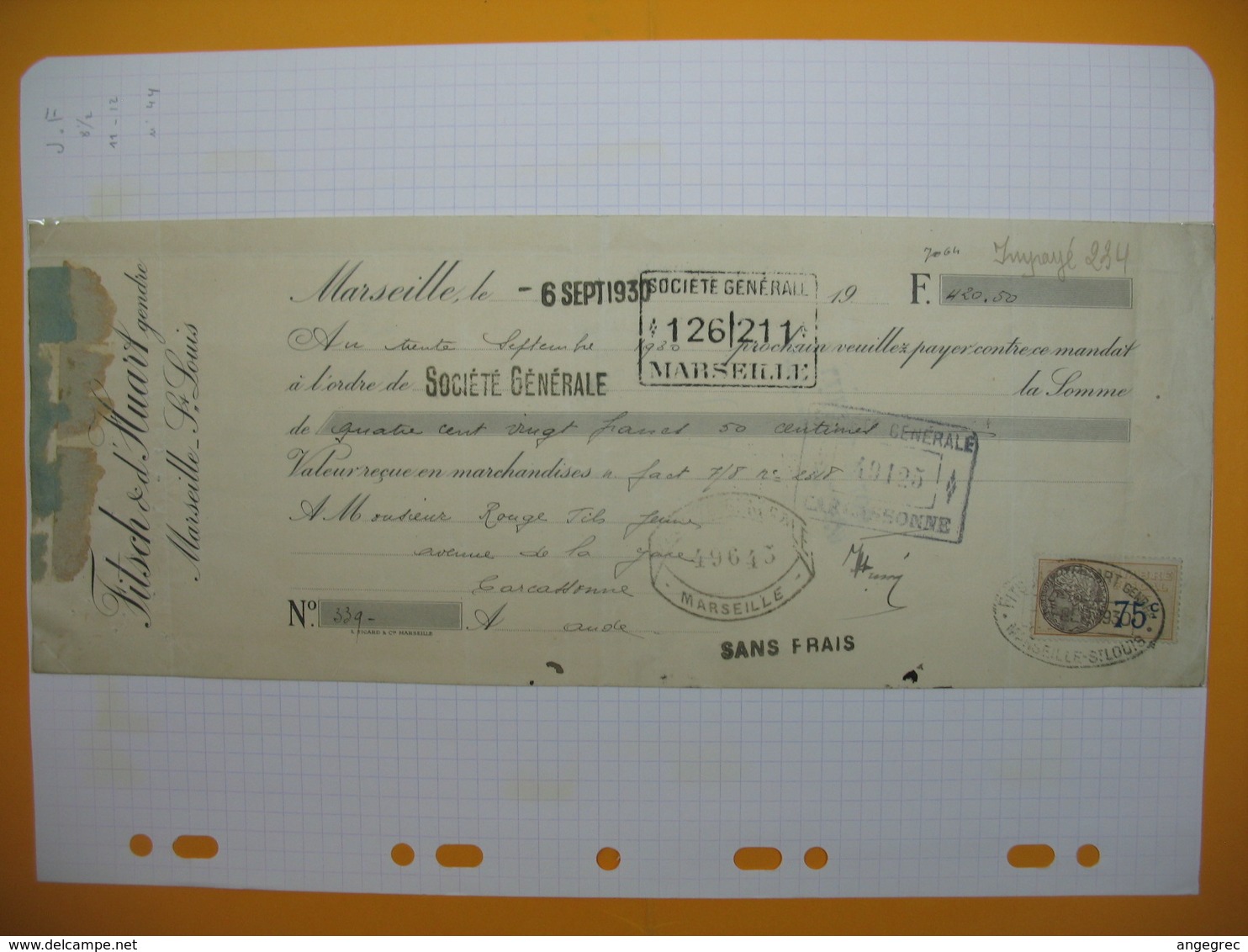 Document  Fiscaux Perforé Perfin  JF 44  -  1930  Fitsch & Fluart - Autres & Non Classés