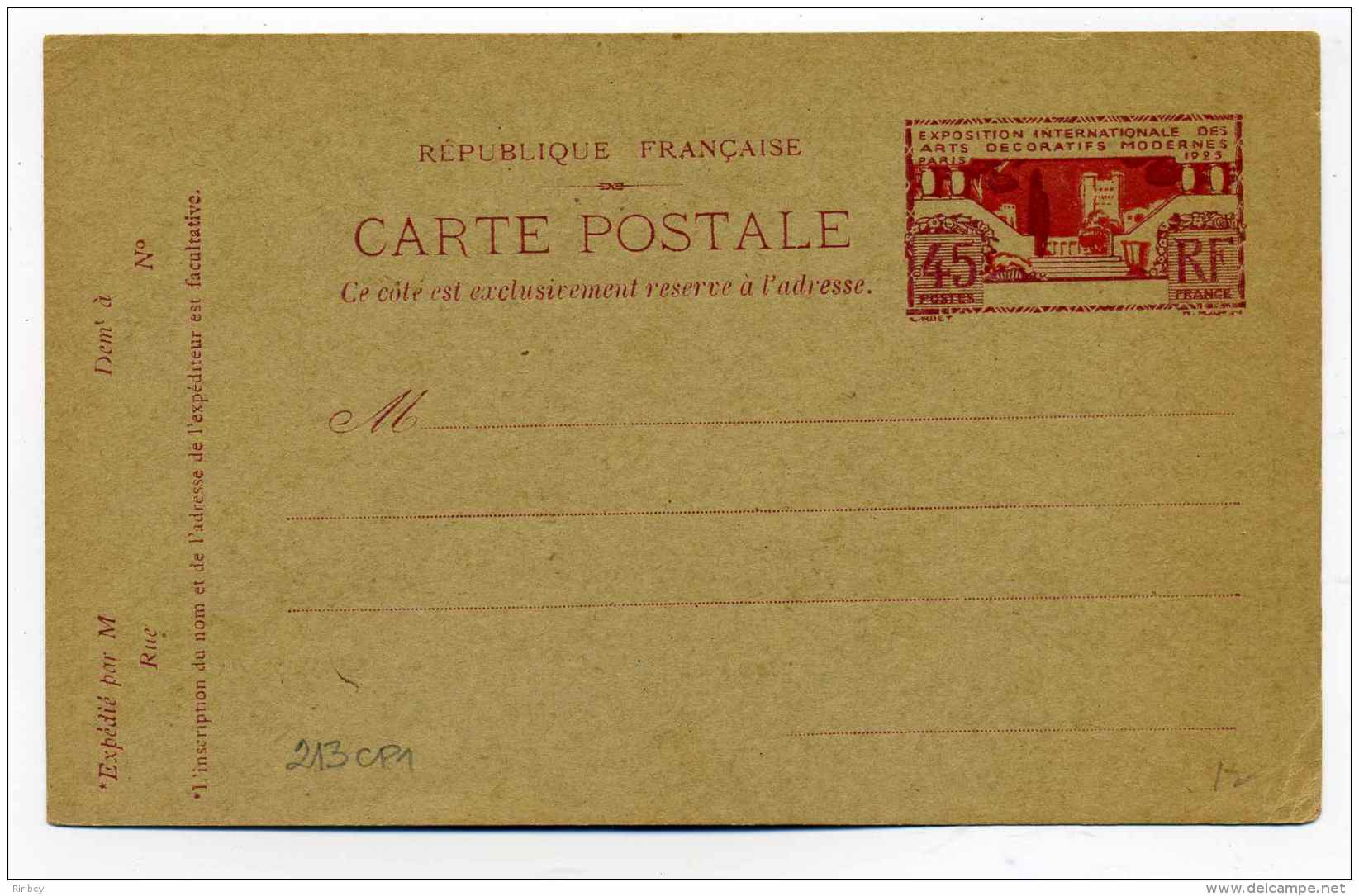 Entier  N°YT 213CP1  /  Exposition Internationale Des Arts Décoratifs De Paris / 1925 / Neuf - Standard Postcards & Stamped On Demand (before 1995)