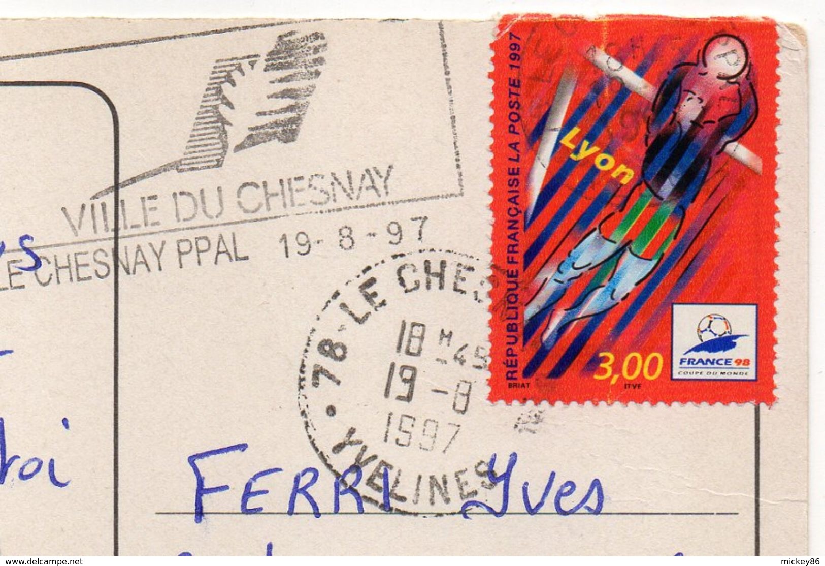 PERIERS --1997--Souvenir De Periers--cachet Rond LE CHESNAY + Flamme --timbre FOOT 98--Lyon - Autres & Non Classés