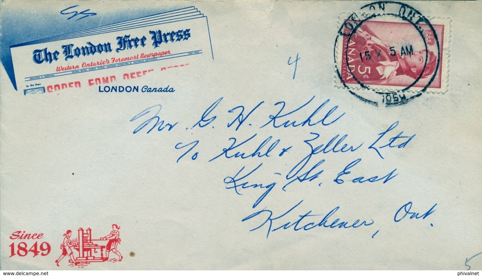 1959 , CANADÁ , " THE LONDON FREE PRESS " , SOBRE COMERCIAL CIRCULADO , MAT. LONDON ONT. - Cartas & Documentos