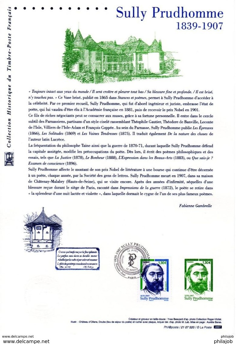 " SULLY PRUDHOMME / NOBEL LITTERATURE " Sur Document Philatélique Officiel De 2007. N° YT 4088. Prix à La Poste = 5.00 € - Nobel Prize Laureates