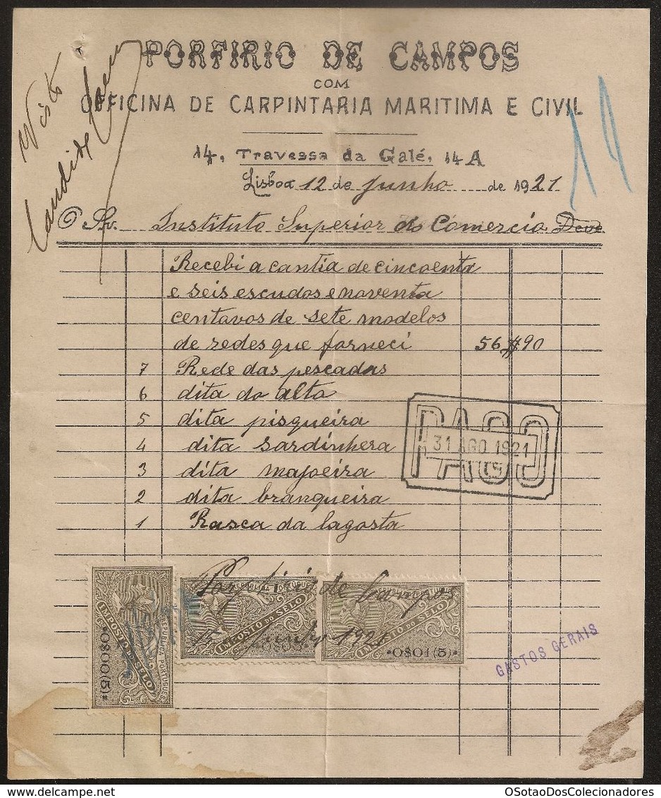 Fatura - Invoice Portugal - Lisboa 1921 - Porfirio De Campos Carpintaria Maritima - Vinheta Imposto Selo - Advertising - Portugal