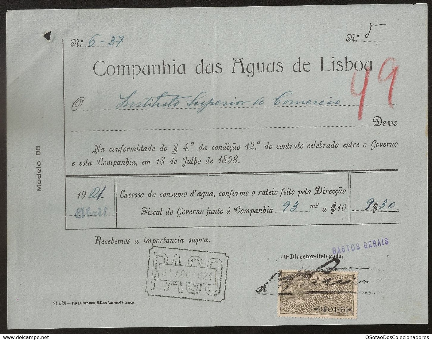 Fatura - Invoice Portugal - Lisboa 1921 - Companhia Das Aguas De Lisboa - Vinheta Imposto Selo - Advertising - Portugal