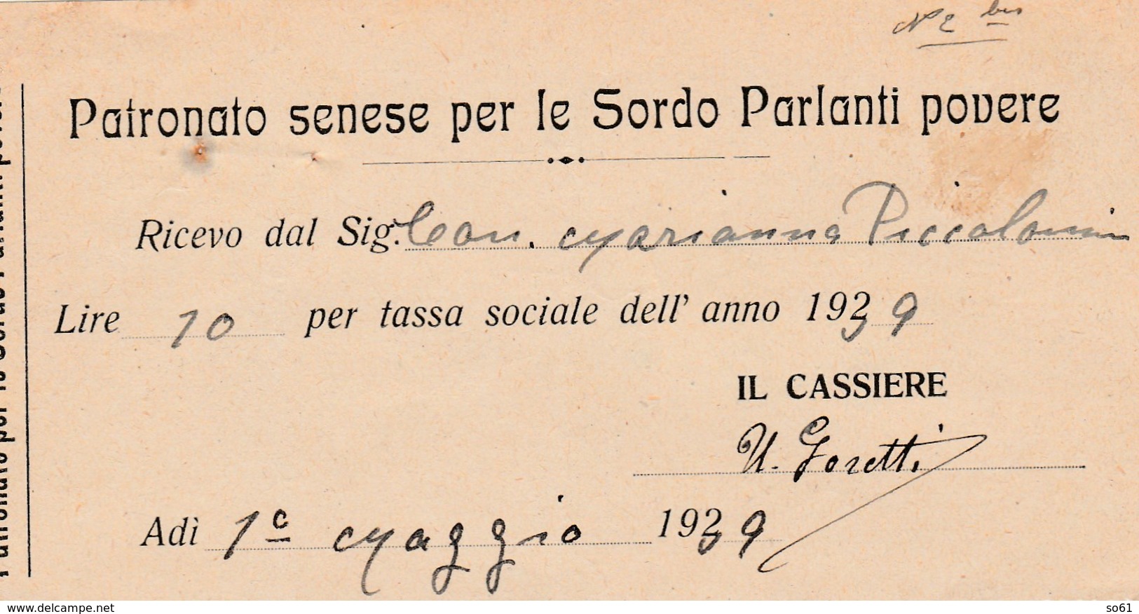 7628.   Patronato Senese Per Le Sordo Parlanti Povere Siena Fattura Contessa Piccolomini 1939 - Italia