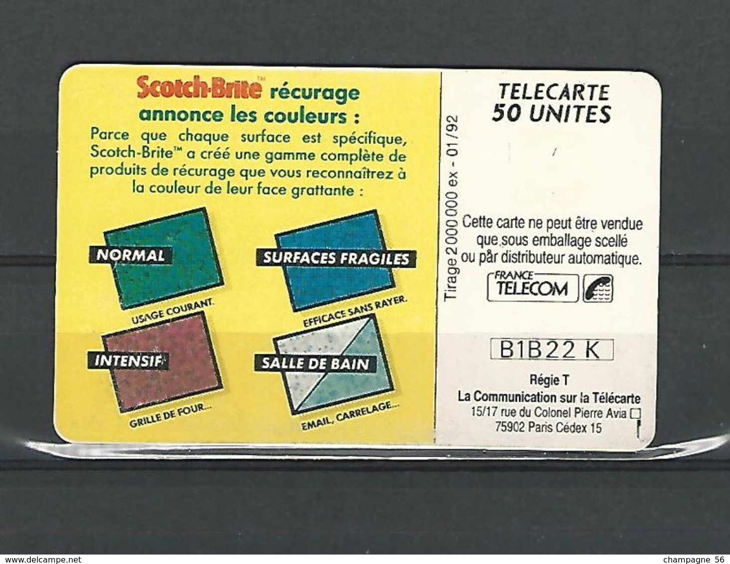 VARIÉTÉS FRANCE TÉLÉCARTE PUBLICITÉ 01 / 92  SCOTCH-BRITE  50 U F225  GEM1A + " F225d " UTILISÉE - Variétés