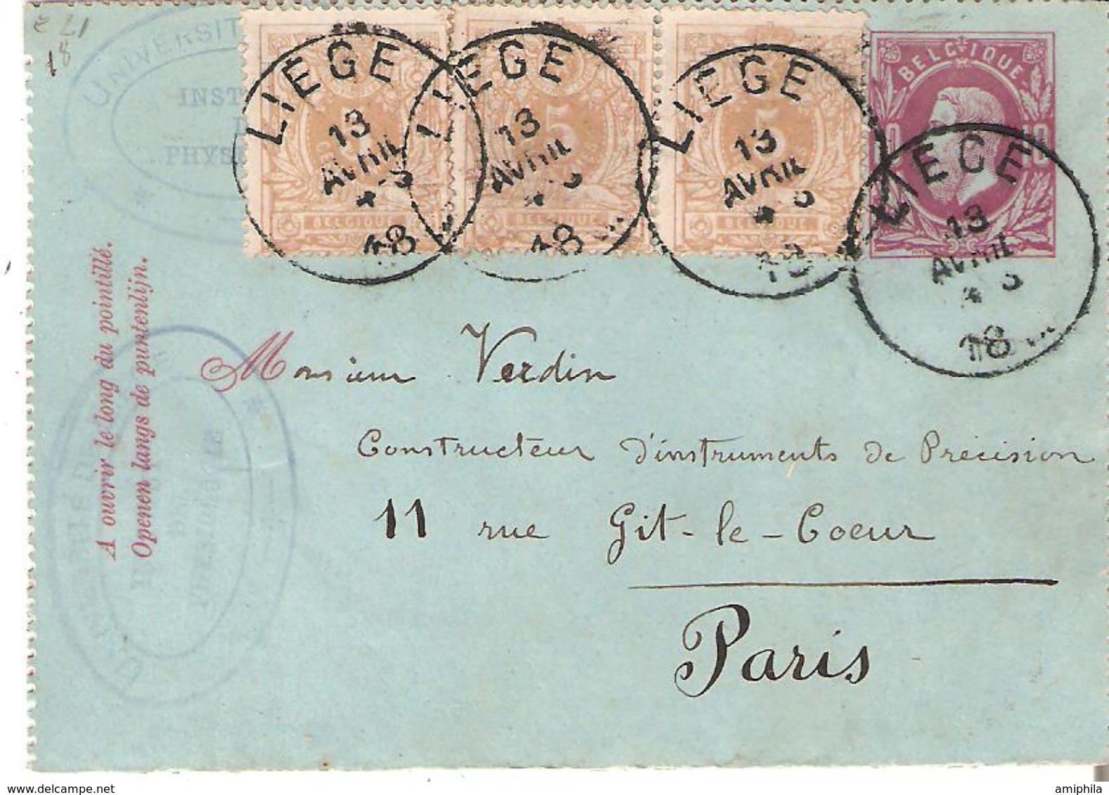 EP. Carte-lettres N° 1 + TP.28(3) Càd LIEGE 13/4/1881 V/PARIS. TB Affranch.25c. RARE S/Carte-lettres - Letter-Cards