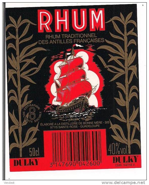 Etiquette  Rhum Traditionnel Des Antilles Françaises DULKY - 100 Cl 40% - CMI - - Rhum