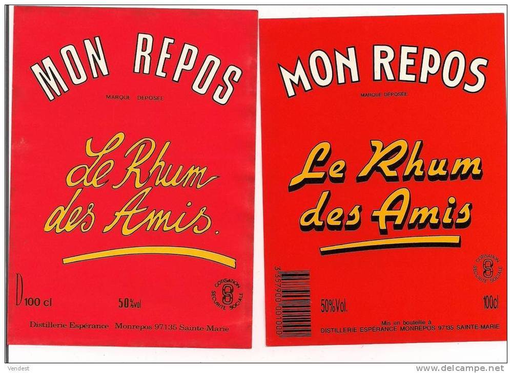 2 Etiquettes" RHUM Des AMIS " Mon Repos -  50° - Distillerie Espérance -Ste Marie - Guadeloupe  - - Rhum