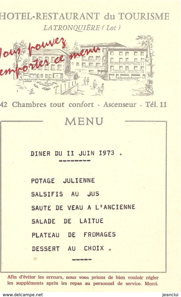 HOTEL-RESTAURANT DU TOURISME - LA TRONQUIERE - 12 MENUS Du 10 JUIN Au 17 JUIN 1973 . 12 SCANES - Menus