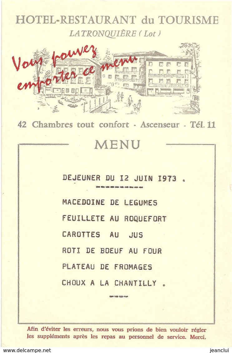 HOTEL-RESTAURANT DU TOURISME - LA TRONQUIERE - 12 MENUS Du 10 JUIN Au 17 JUIN 1973 . 12 SCANES - Menus