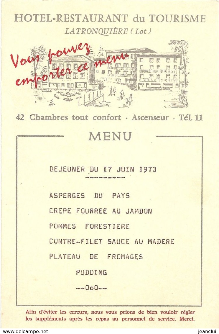 HOTEL-RESTAURANT DU TOURISME - LA TRONQUIERE - 12 MENUS Du 10 JUIN Au 17 JUIN 1973 . 12 SCANES - Menus