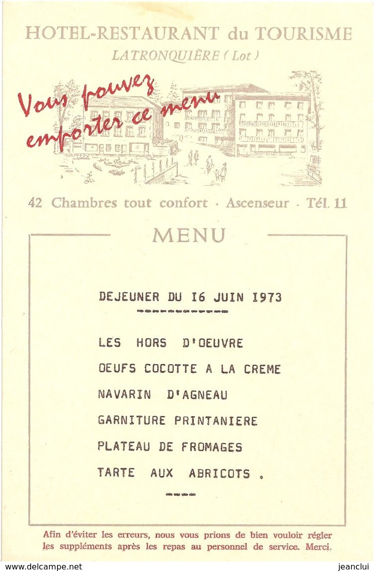 HOTEL-RESTAURANT DU TOURISME - LA TRONQUIERE - 12 MENUS du 10 JUIN au 17 JUIN 1973 . 12 SCANES