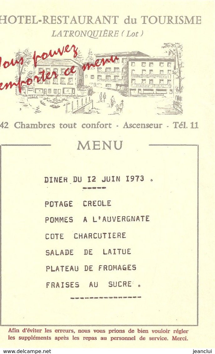 HOTEL-RESTAURANT DU TOURISME - LA TRONQUIERE - 12 MENUS du 10 JUIN au 17 JUIN 1973 . 12 SCANES