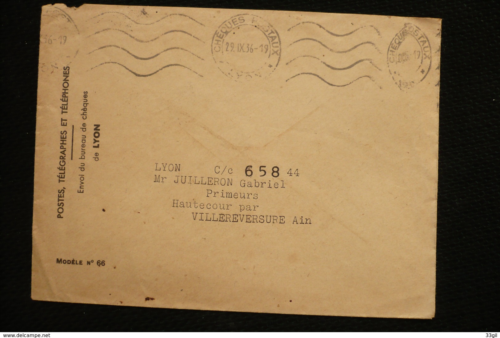 Lettre PTT Publicité Stylo Plume Flamme Cheques Postaux Lyon 29/9/36 - Frankobriefe