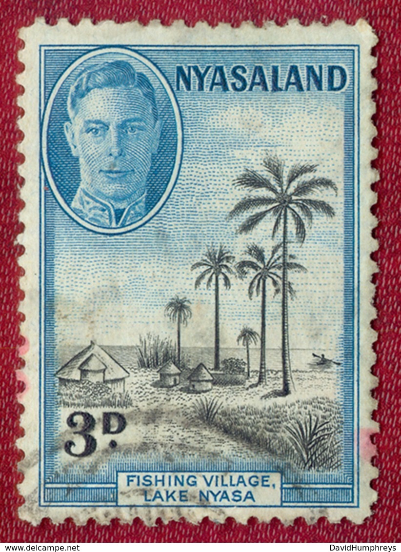 Nyasaland 1945 GVI 3d Black & Blue Fishing Village Lake Nyasa SG148 Used - Nyassaland (1907-1953)