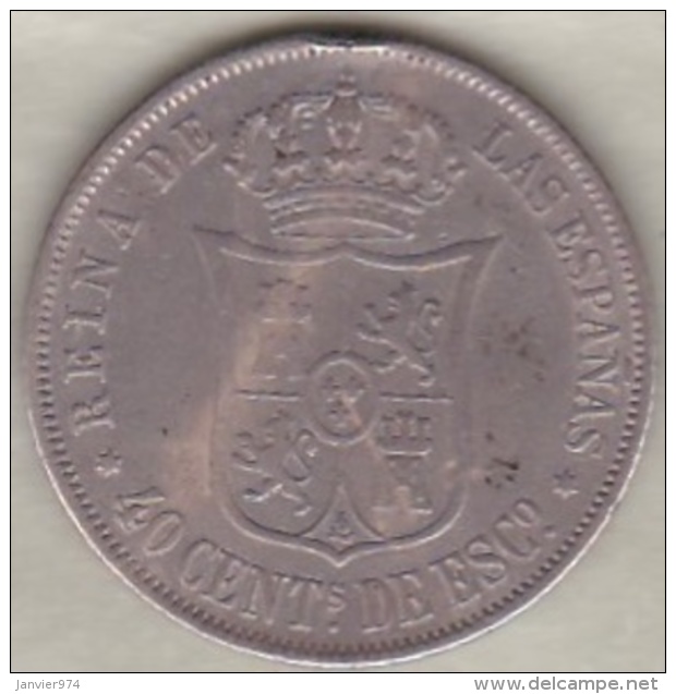 Espagne , 40 Centimos De Escudo 1866 (* à 6 Branches) Isabel II . Argent .KM# 628.2 - Premières Frappes
