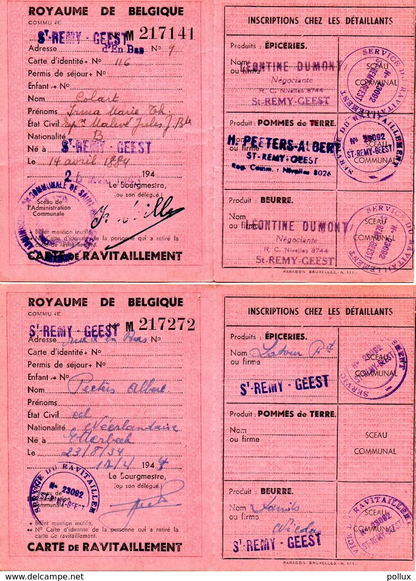 2 Cartes De Ravitaillement  1943,1944 épiceries,pommes De Terre,beurre,Saint Remy-Geest Rue D'en Bas Jodoigne PRIX FIXE - Autres & Non Classés