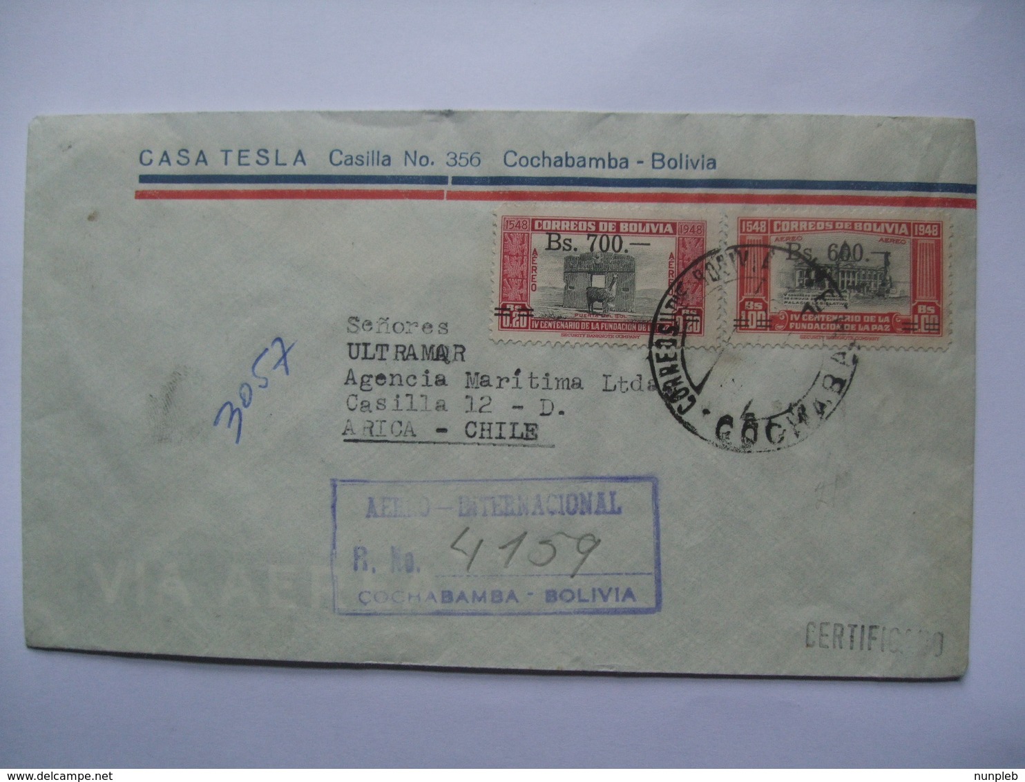 BOLIVIA - 1950`s Cover Registered Air Mail Cochabamba To Arica Chile Tied With Overprinted Stamps - Bolivia