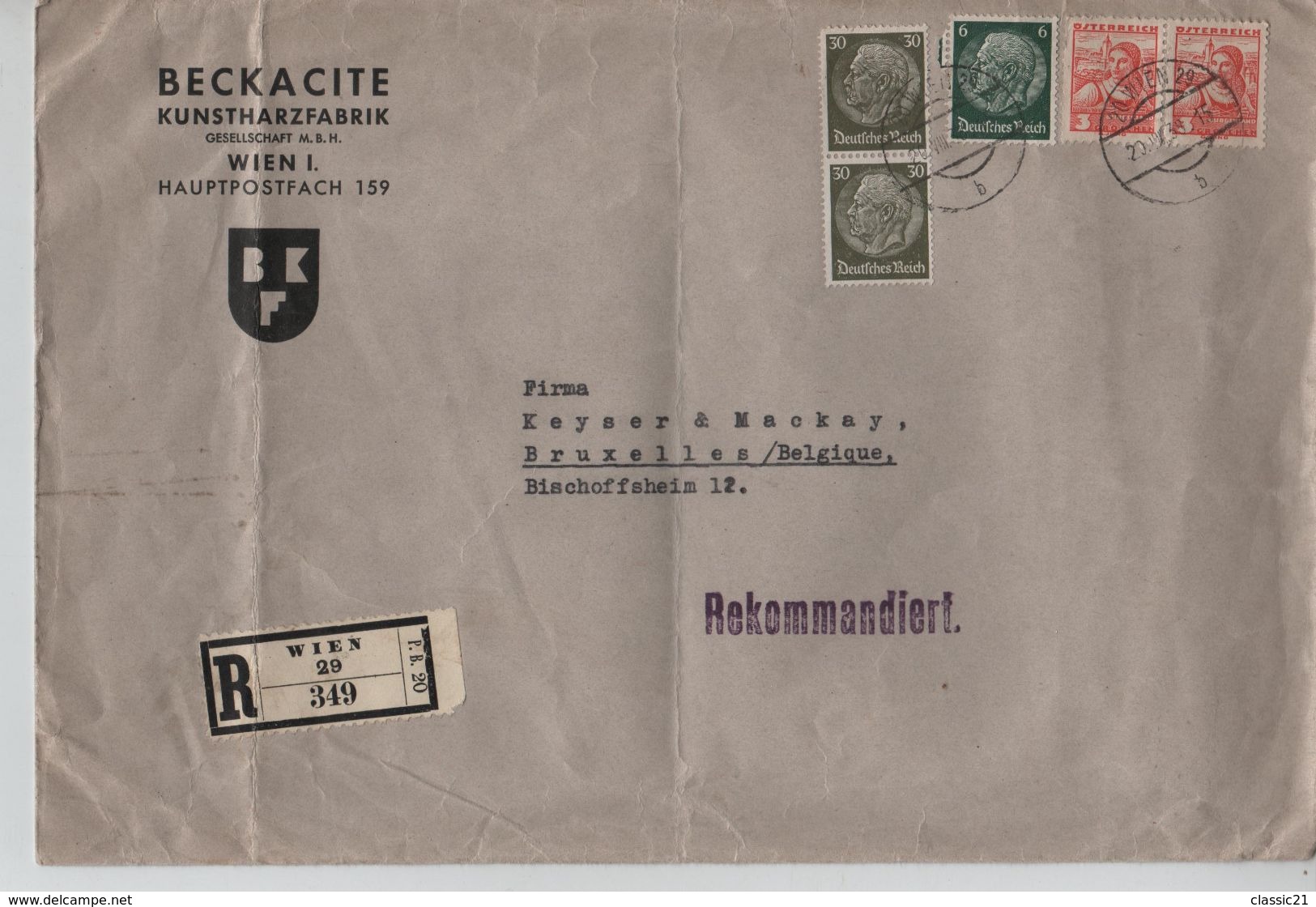 Deutsches Reich Österreich Rekommandiert Beckacite Wien 1939 N.Belgien 1707 - Briefe U. Dokumente