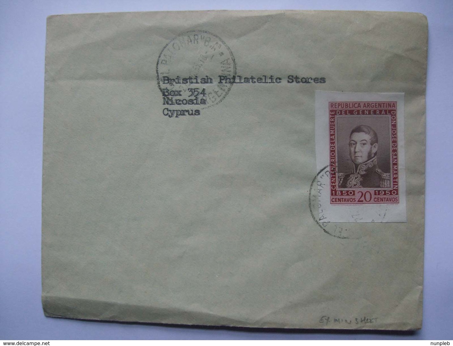 ARGENTINA - 1950 Cover Palomar To Nicosia Cyprus Tied With San Martin Stamp From Minisheet - Covers & Documents