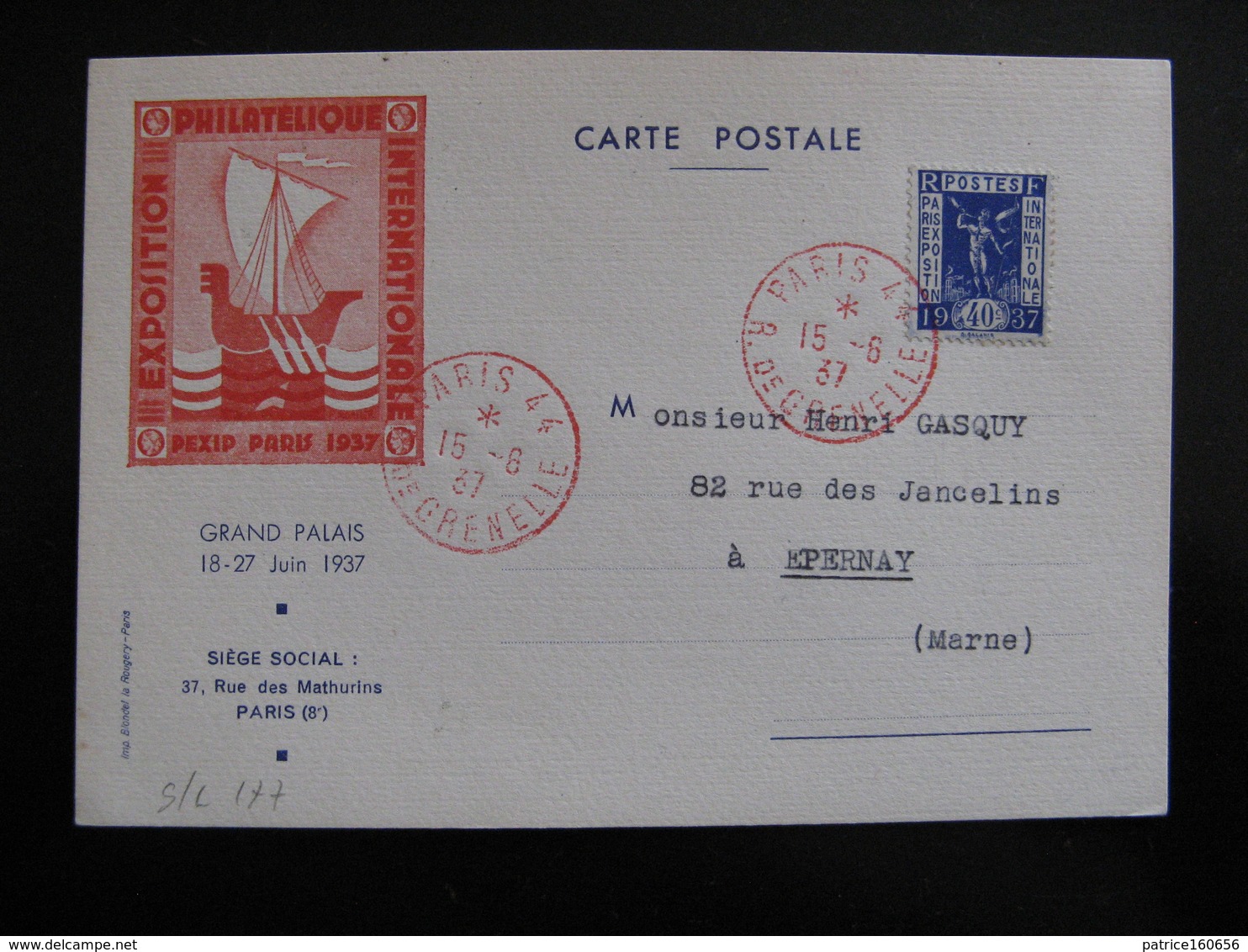 S/L 177 - TB C.P. De L'Expo. Pexip, Affranchie Avec N° 24 ;  De Paris  Pour Epernay ( 15/06/1937) - 1921-1960: Période Moderne