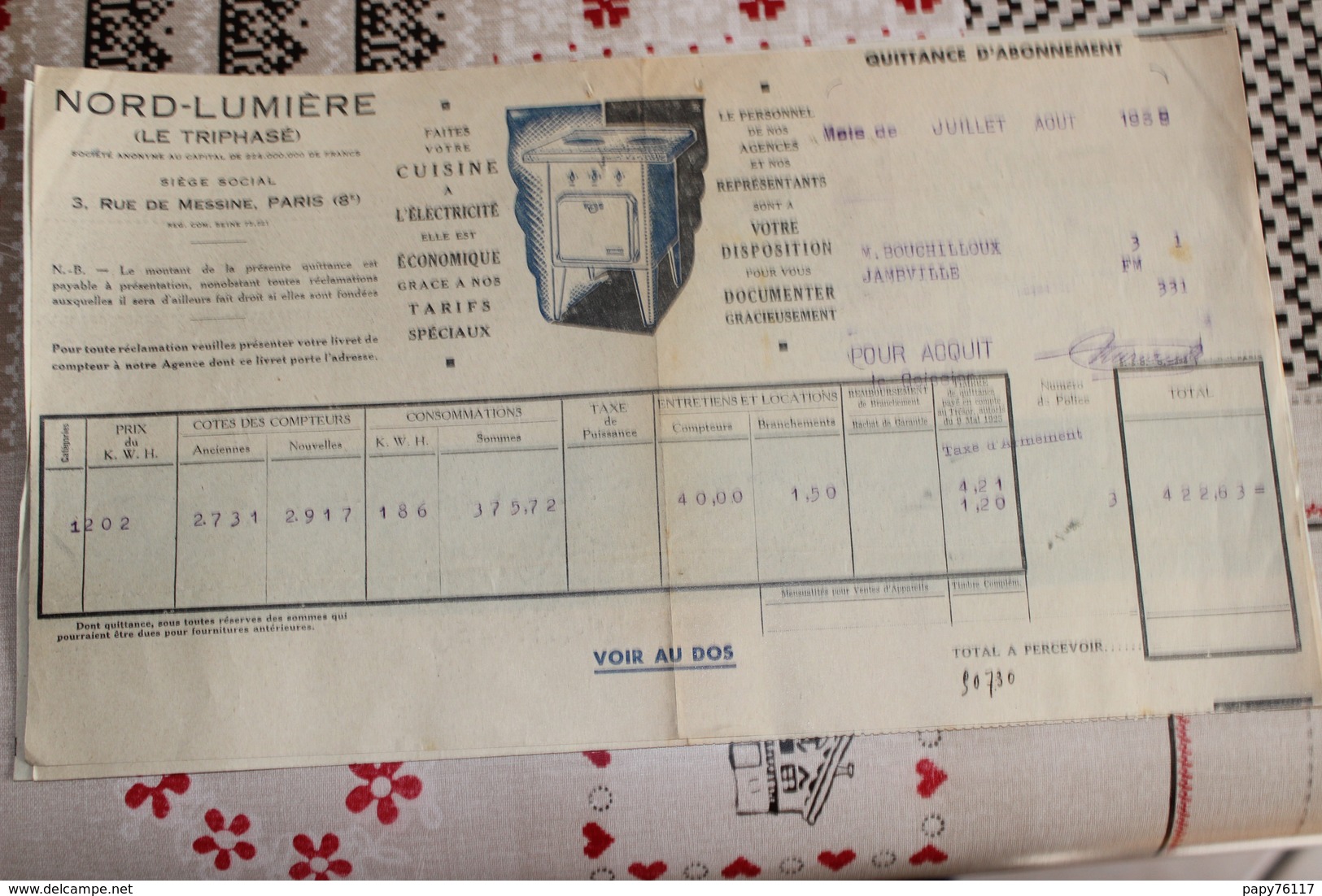 LOT 5 FACTURES QUITTANCE D ABONNEMENT NORD LUMIERE  LE TRIPHASE  JAMBVILLE   78 - Electricité & Gaz