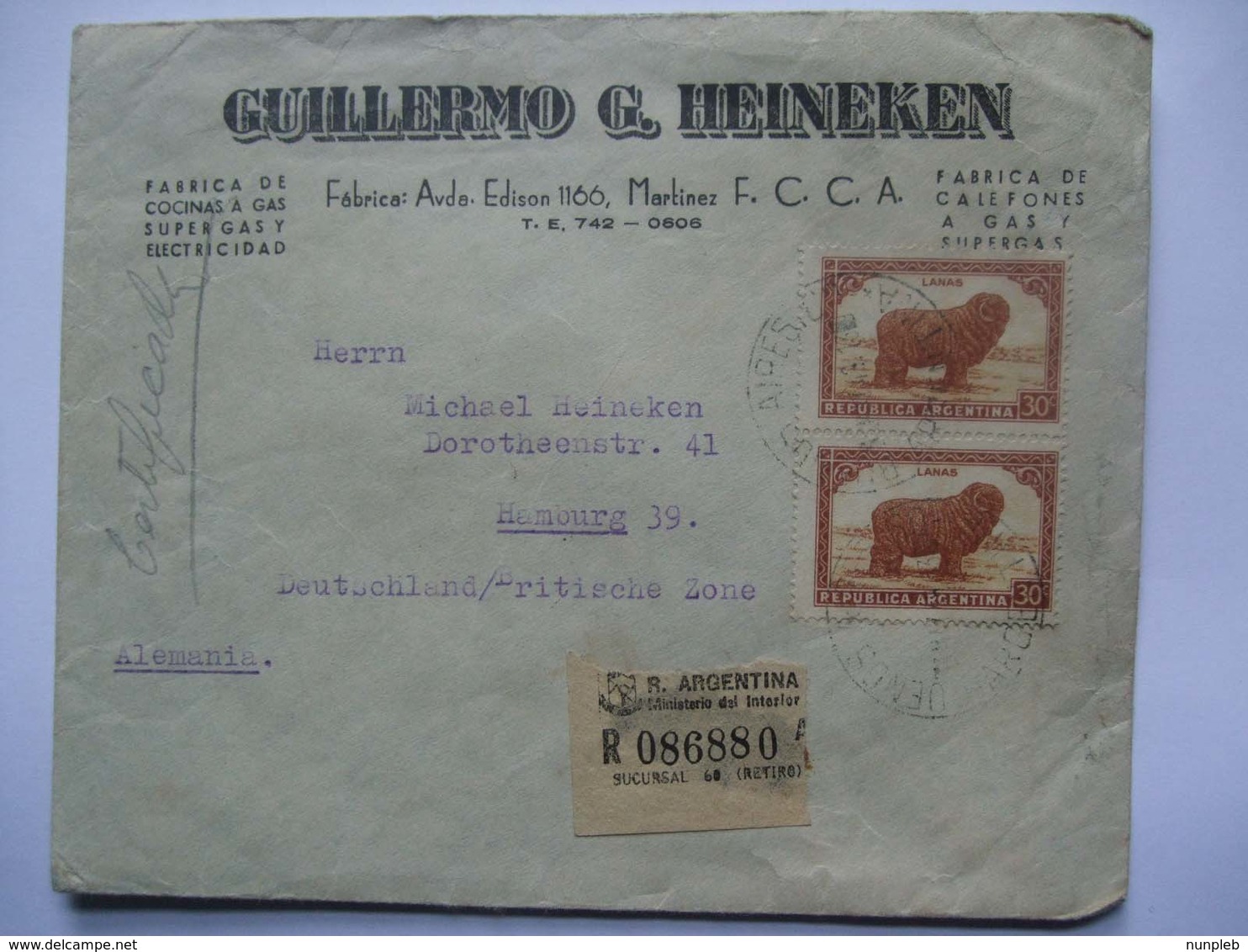 ARGENTINA - 1940`s Cover `Guillermo G. Heineken` Martinez To Germany With Registration Label - Covers & Documents