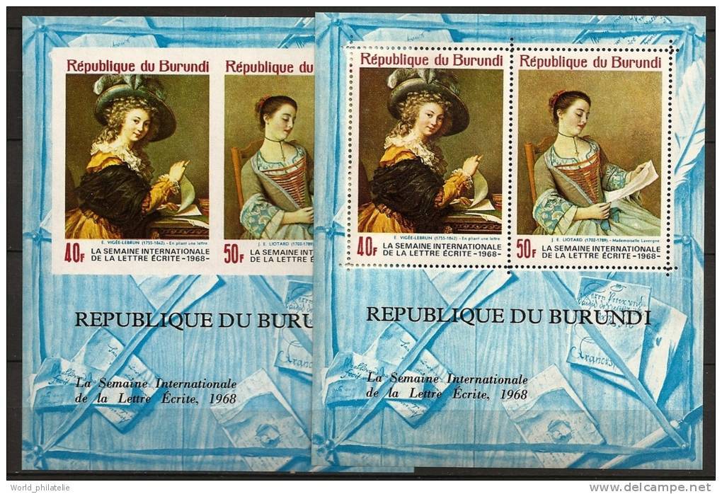 Burundi 1968 N° BF 25 + Non Dentelé ** Tableaux, Lettre écrite, Vigée-Lebrun, Mademoiselle Lavergne, Liotard - Neufs