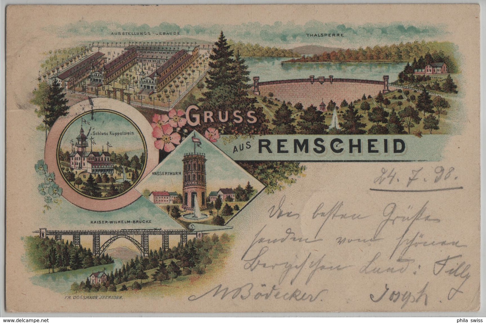 Gruss Aus Remscheid - Thalsperre, Schloss Küppelsrein, Ausstellung, Wasserthurm, Brücke - Lithographie - Remscheid