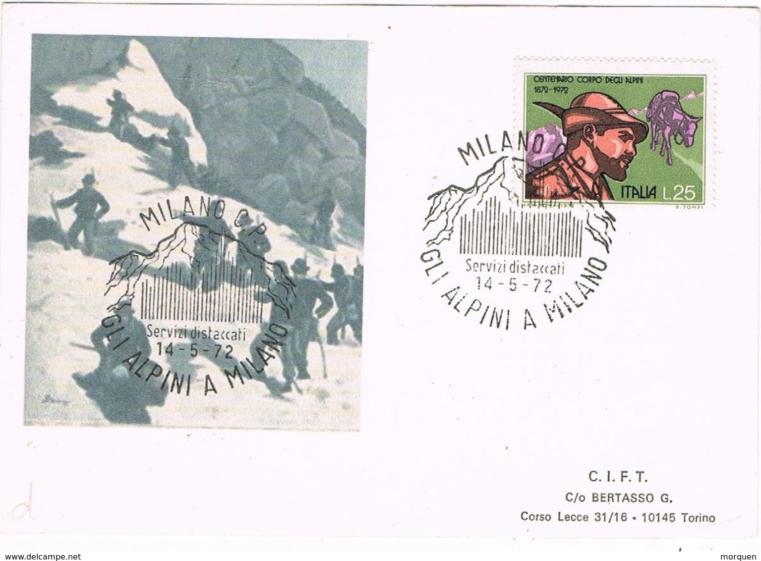 27808. Tarjeta MILANO  1972, Gli ALPINI A Milano. Travesia Alpes, Montañismo - 1971-80: Marcofilia