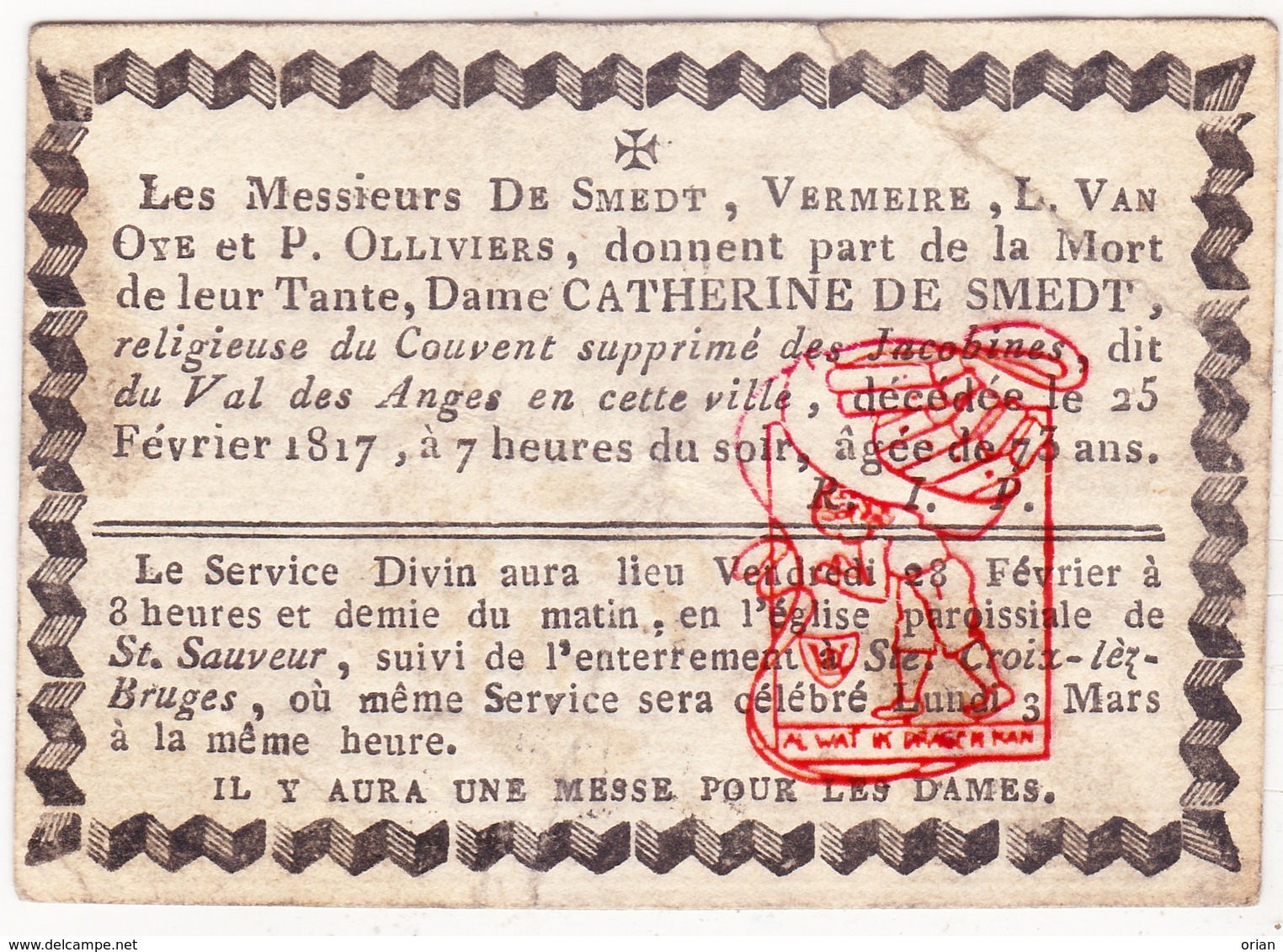 DB † 1817 EZ Catherine De Smedt - Klooster Engelendale Assebroek Brugge / Vermeire Van Oye Olliviers - Décès