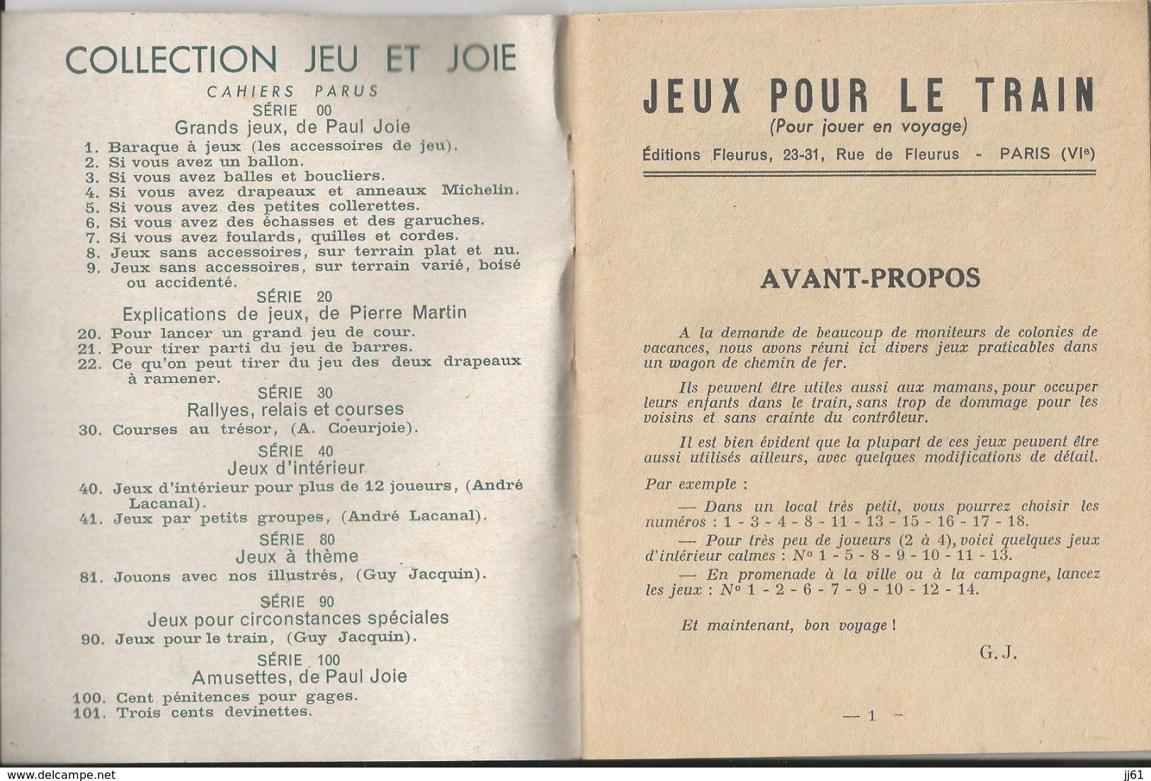 JEUX POUR LE TRAIN POUR JOUER EN VOYAGES JEU  JOIE CARTE GUY JACQUIN LIVRET DE 34 PAGES EDITIONS FLEURUS ANNEE 1950 60 - Altri & Non Classificati