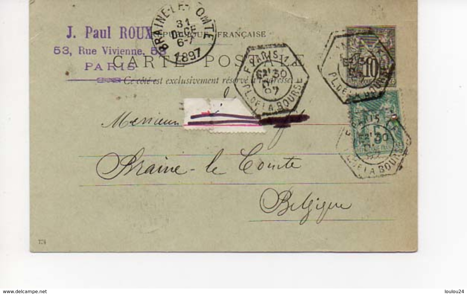 E P 30 12 1897 Paris Braine Le Comte - 1898-1900 Sage (Type III)