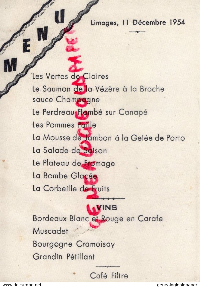 87 - LIMOGES- RARE MENU ASSOCIATION ANCIENS ELEVES FONCTIONNAIRES LYCEE GAY LUSSAC-11 DECEMBRE 1954 - Menus