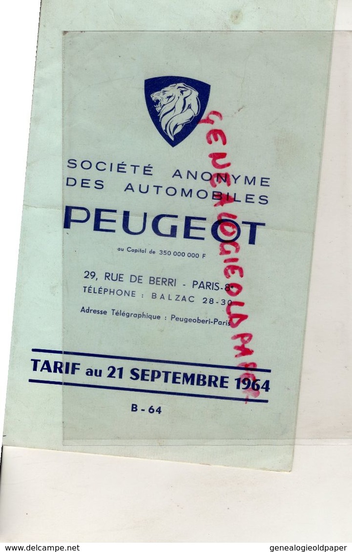 75- PARIS-TARIF AU 21 SEPTEMBRE 1964- PEUGEOT -29 RUE DE BERRI- 404- 404 D- 403- BUS SCOLAIRE-AMBULANCE-FOURGON-CAR - Cars