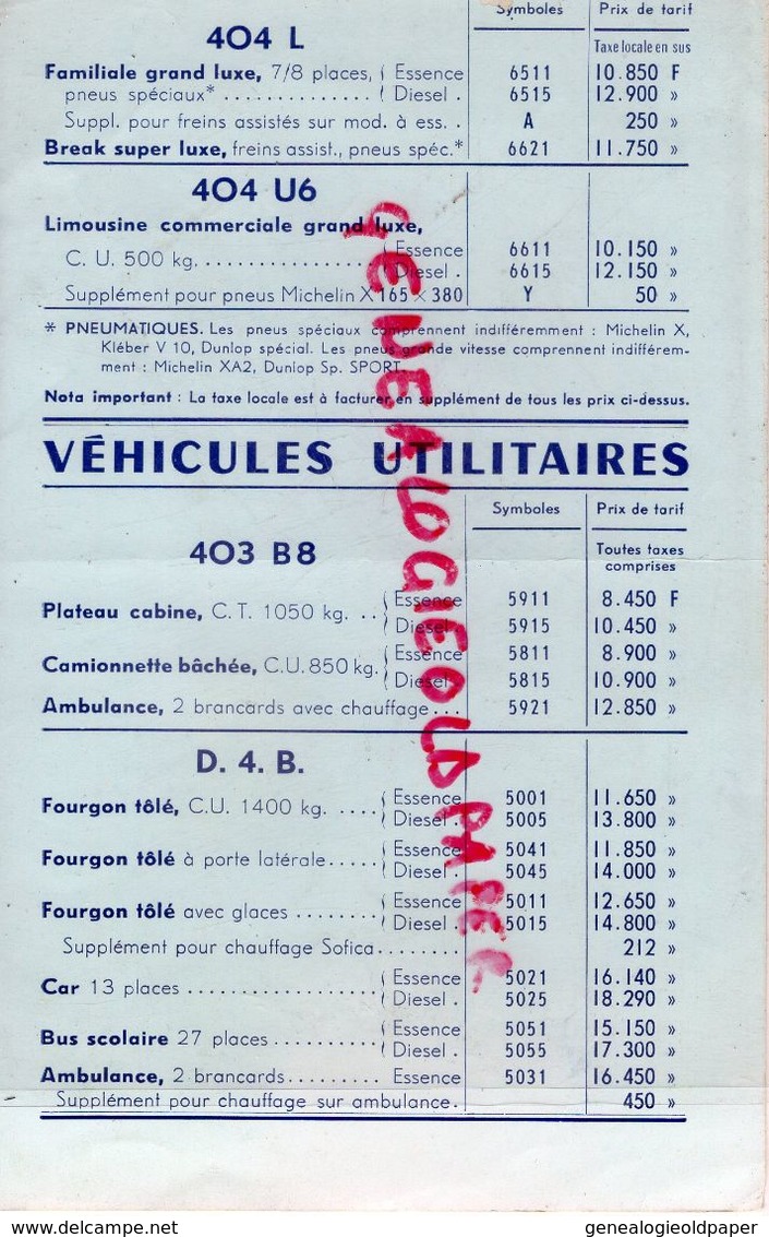 75- PARIS-TARIF AU 21 SEPTEMBRE 1964- PEUGEOT -29 RUE DE BERRI- 404- 404 D- 403- BUS SCOLAIRE-AMBULANCE-FOURGON-CAR - Automovilismo