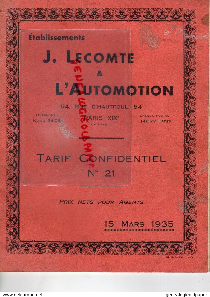 75- PARIS- RARE CATALOGUE J. LECOMTE & AUTOMOTION-TARIF N° 21-1935- VELO -TORPEDO-AVIATOR-VELO- VELOMOTEUR-MOTO-CELER- - Transports